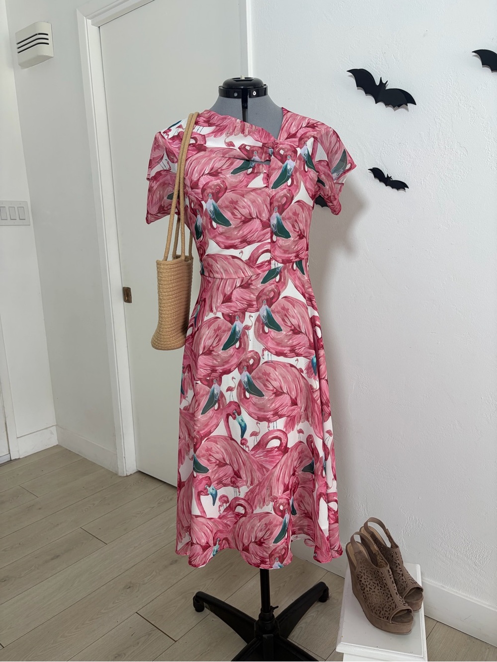 Unique Vintage Pink Flamingo Tropical Fit & Flare Dress Size M